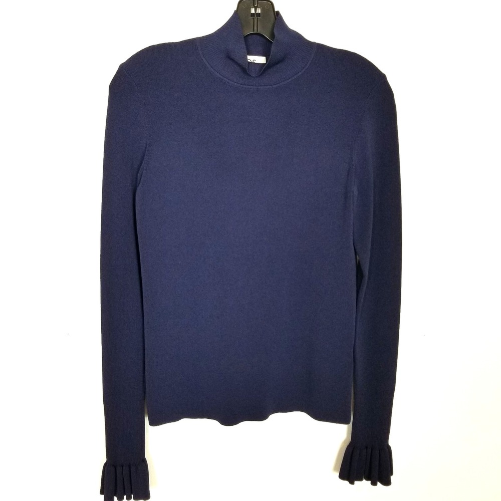 COS Women High Neck Knit Long Sleeve Top Sz M Navy Bell Sleeve Fitted